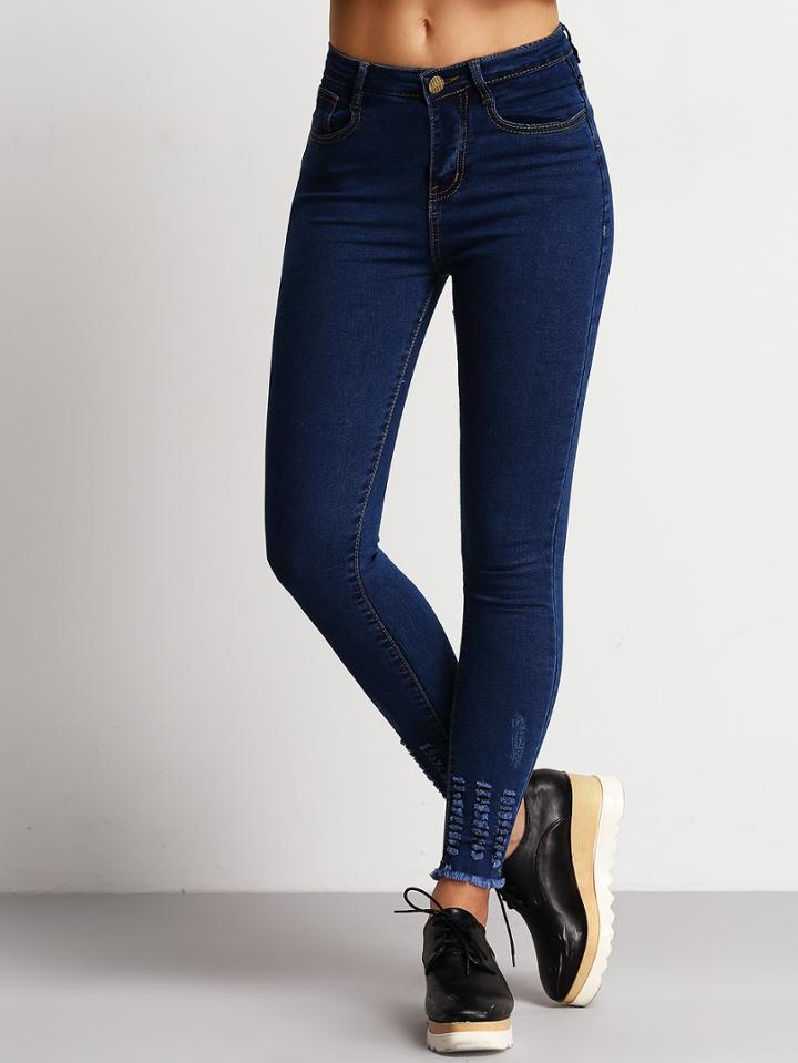 Romwe Blue Slim Ripped Fringe Denim Pant