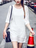Romwe 3/4 Sleeve Lace Shift Dress - White