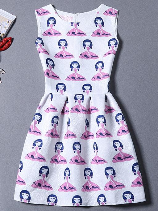 Romwe Cartoon Print Jacquard White A-line Dress