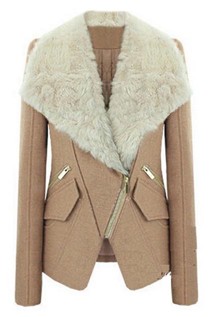 Romwe Lapel Faux Fur Zippered Slim Coat