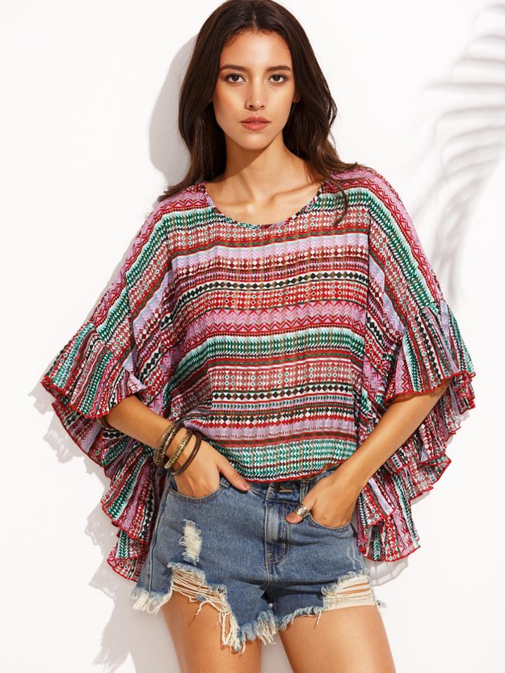 Romwe Multicolor Tribal Print Lattice Back Flutter Sleeve Top