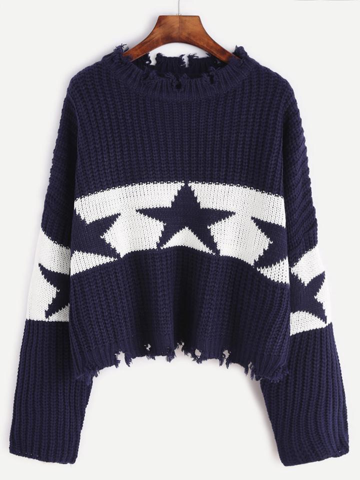 Romwe Dark Blue Drop Shoulder Stars Pattern Distressing Sweater