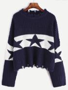 Romwe Dark Blue Drop Shoulder Stars Pattern Distressing Sweater