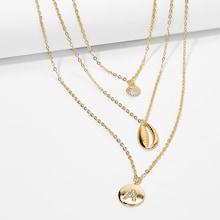 Romwe Seashell & Round Pendant Layered Chain Necklace