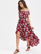 Romwe Flower Print Button Front Drawstring Waist High Low Ruffle Dress