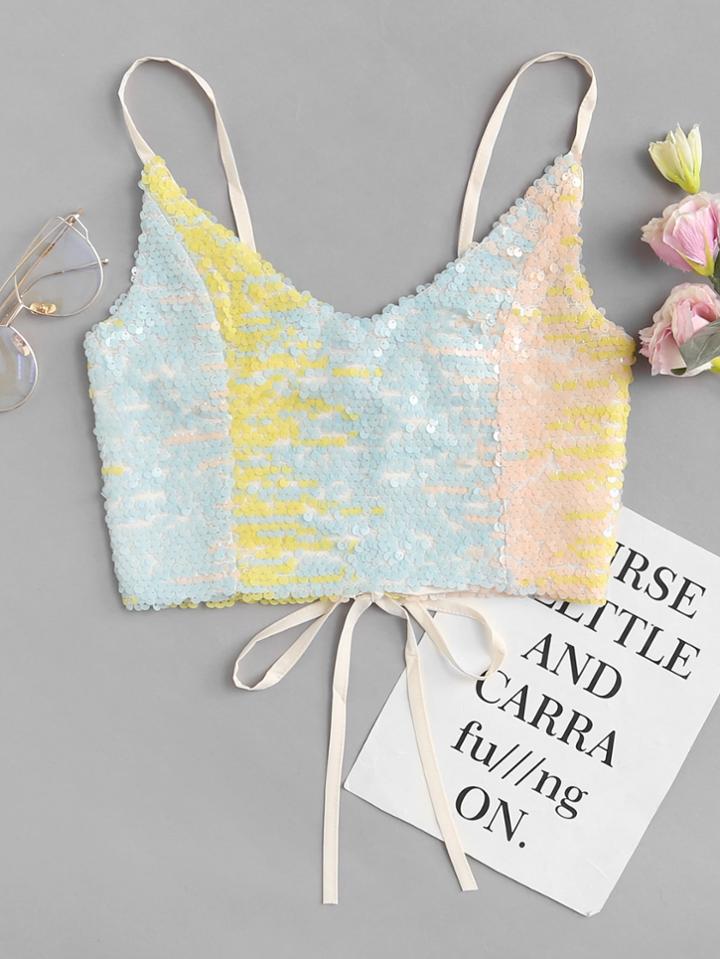 Romwe Sequin V Neckline Knot Back Cami Top