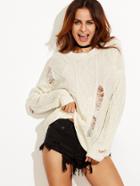 Romwe White Ribbed Cable Knit Sweater