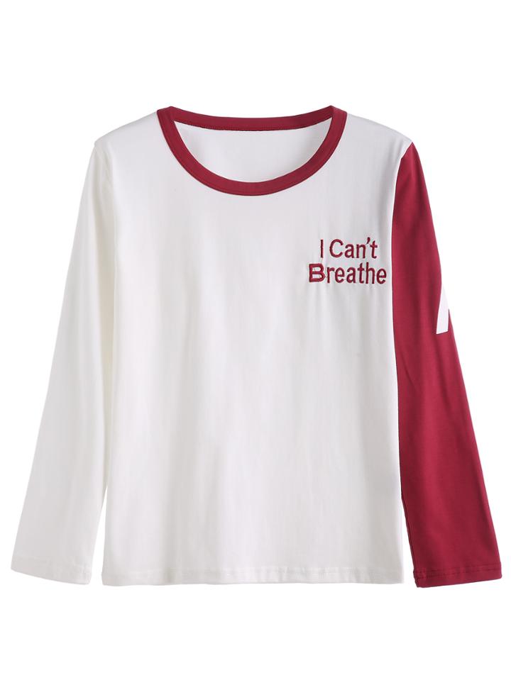 Romwe White Letter Embroidery Contrast Sleeve T-shirt