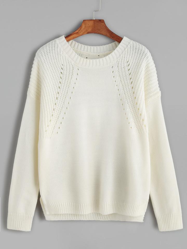 Romwe Beige Hollow Out Split Side Sweater