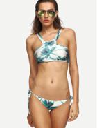 Romwe Green Coconut Tree Print Racer Neck Bikini Set