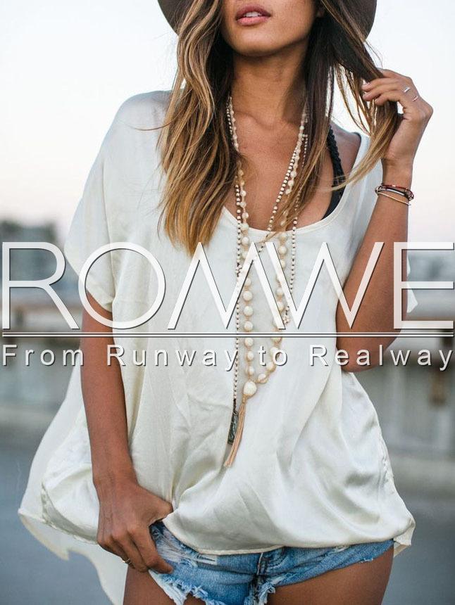 Romwe Apricot Scoop Neck Batwing Sleeve Dip Hem Blouse