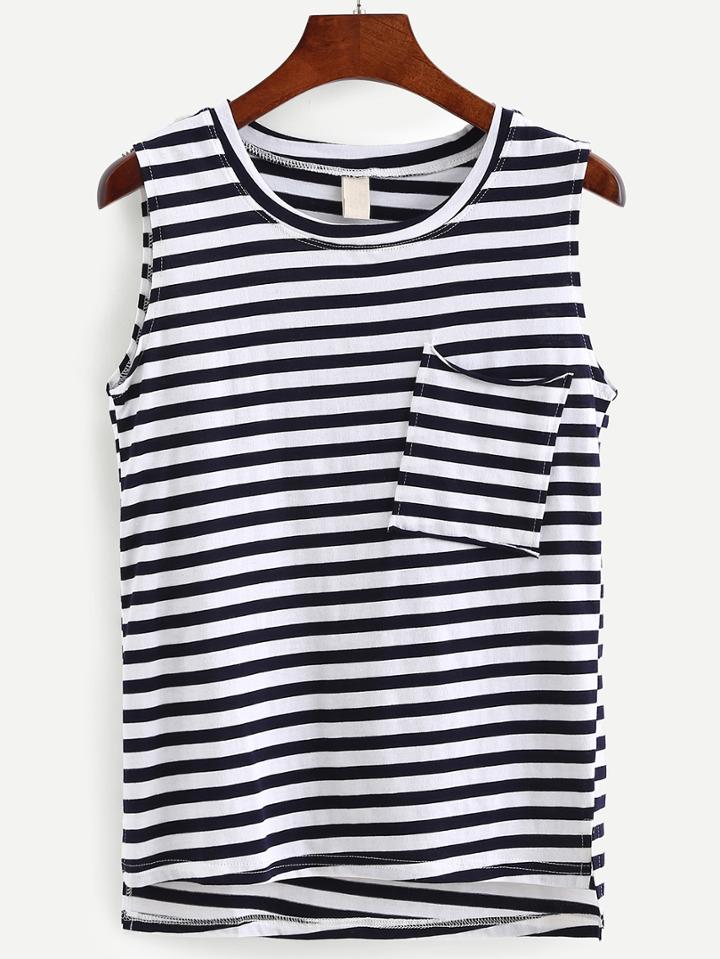 Romwe Pocket Front Navy Striped Tank Top