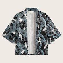 Romwe Guys Red-crowned Crane Print Open Front Shirt