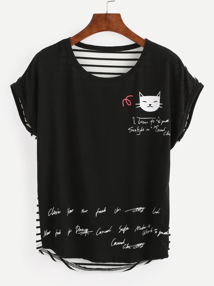 Romwe Black Cat Print Striped Back T-shirt