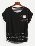 Romwe Black Cat Print Striped Back T-shirt