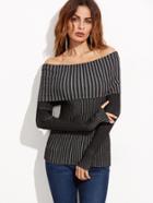 Romwe Black Fold Over Off The Shoulder Ribbed Sweater