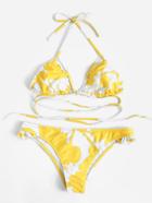 Romwe Lettuce Edge Strappy Bikini Set