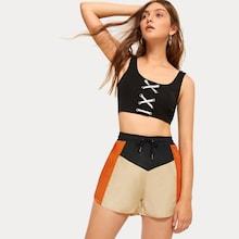 Romwe Drawstring Waist Cut And Sew Shorts