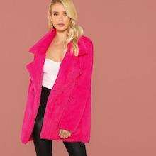 Romwe Neon Pink Notch Collar Faux Fur Coat