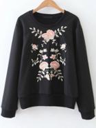 Romwe Black Flower Embroidery Ribbed Trim Sweatshirt