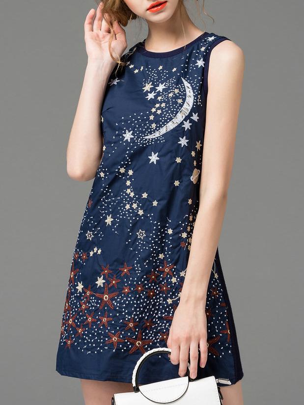 Romwe Navy Crew Neck Galaxy Embroidered Dress