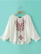 Romwe White Elastic Cuff Tie Neck Embroidery Blouse
