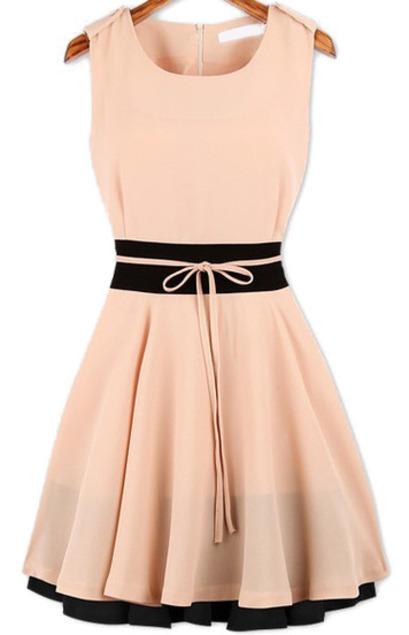 Romwe Sleeveless Pleated Flare Pink Dress