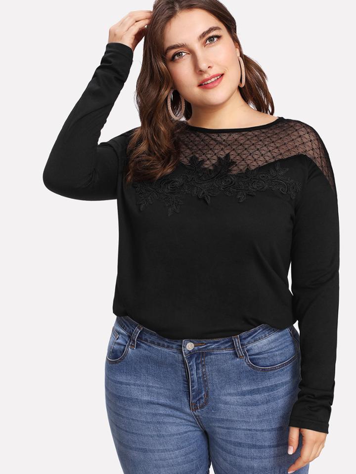 Romwe Contrast Sheer Mesh Tee
