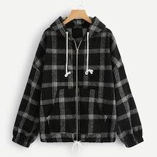 Romwe Plaid Drawstring Zip-up Jacket