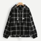 Romwe Plaid Drawstring Zip-up Jacket