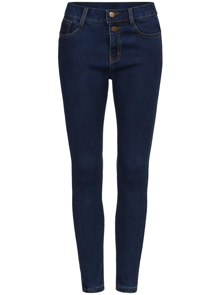Romwe Pockets Slim Denim Blue Pant