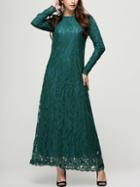 Romwe Long Sleeve Lace A-line Green Dress
