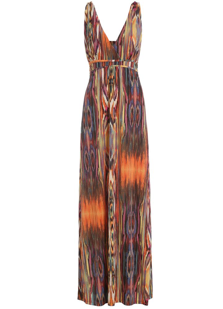 Romwe Deep V Neck Vertical Striped Maxi Dress