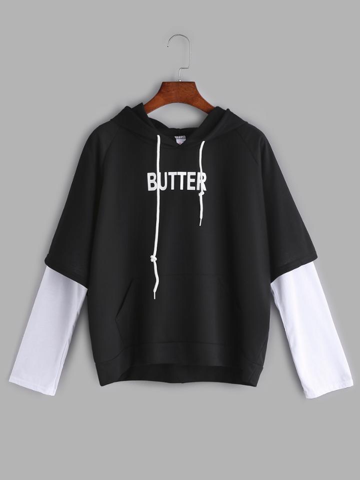 Romwe Black Hooded Letter Print Contrast Sleeve Sweatshirt