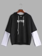 Romwe Black Hooded Letter Print Contrast Sleeve Sweatshirt