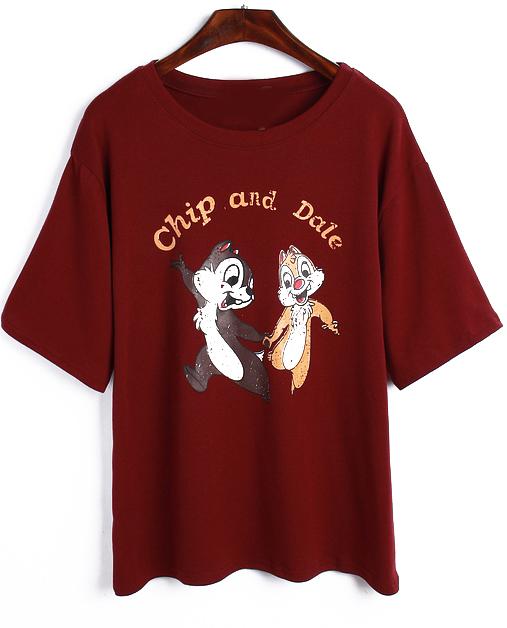 Romwe Squirrel Letter Print Wine Red T-shirt