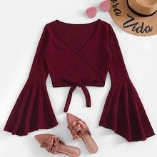 Romwe V Neck Knot Front Solid Jumper