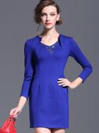 Romwe Blue Long Sleeve Beading Bodycon Dress