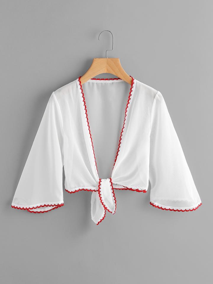 Romwe Contrast Lace Hem Open Front Knot Top