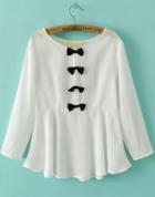 Romwe White Long Sleeve Bow Ruffle Chiffon Blouse