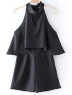 Romwe Black Zipper Back Halter Bow Backless Romper