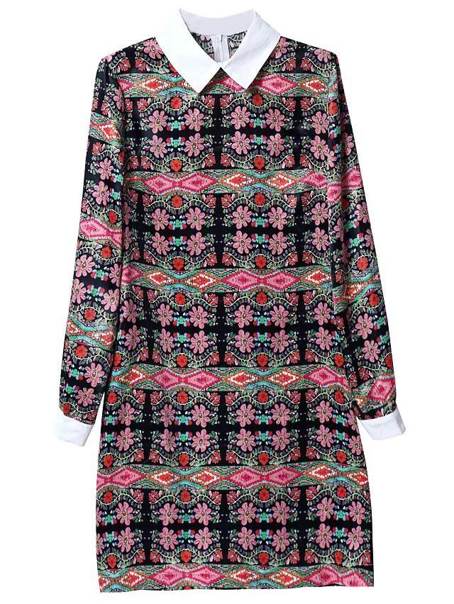 Romwe Multicolor Contrast Lapel Floral Print Dress