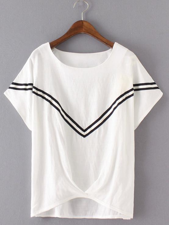 Romwe White Stripe Trim High Low Blouse