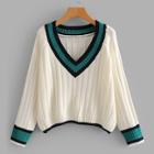 Romwe Contrast Stripe Trim Raglan Sleeve Sweater