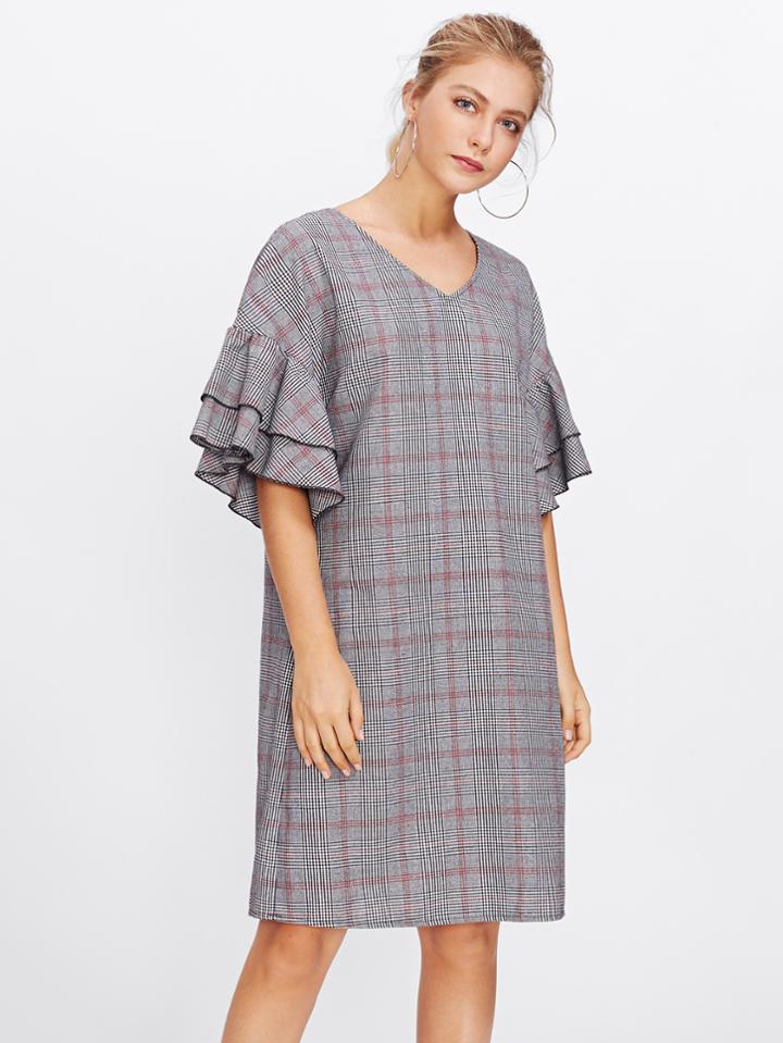 Romwe Layered Bell Sleeve Plaid Dress