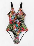 Romwe Calico Print Plunge Neckline Strappy Back Swimsuit