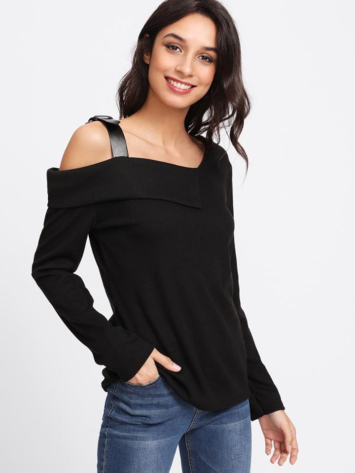 Romwe Asymmetric Neck Buckle Detail Tee