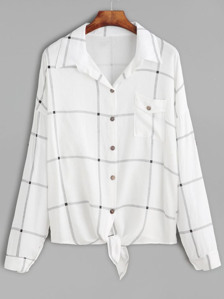 Romwe White Windowpane Plaid Drop Shoulder Knotted Hem Shirt