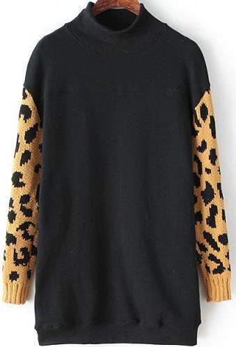 Romwe Stand Collar Leopard Black Sweatshirt