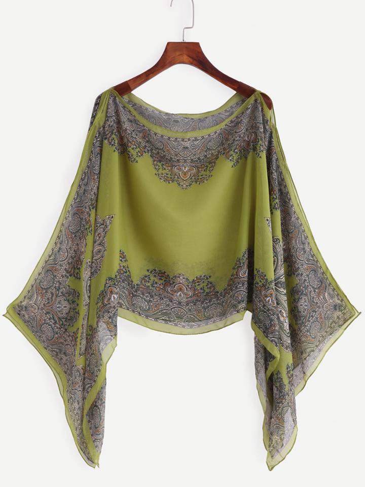 Romwe Green Vintage Print Bat Sleeve Chiffon Blouse